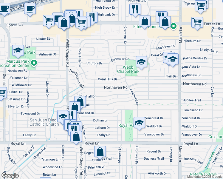 map of restaurants, bars, coffee shops, grocery stores, and more near 3311 Whitehall Drive in Dallas