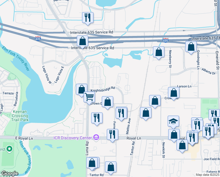 map of restaurants, bars, coffee shops, grocery stores, and more near 1900 Knightsbridge Road in Farmers Branch