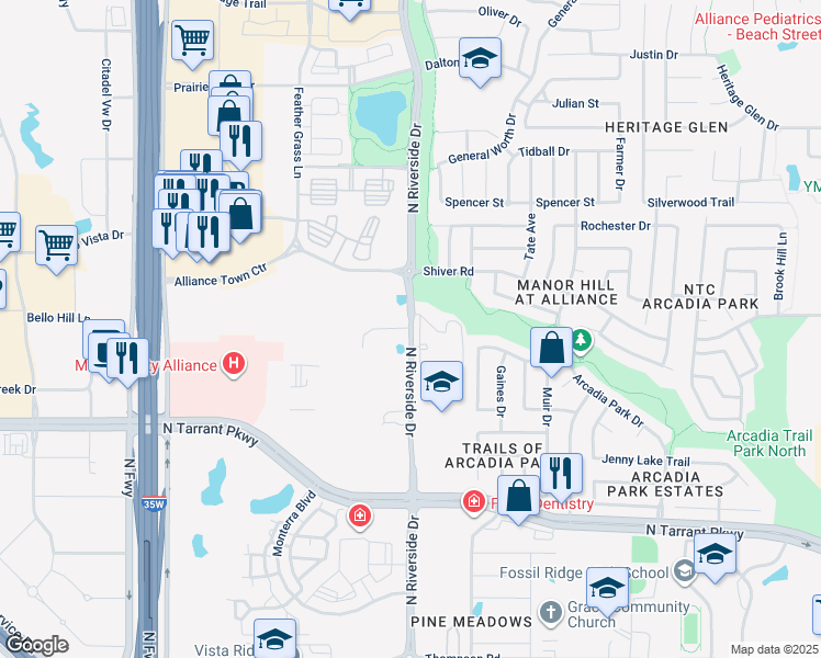 map of restaurants, bars, coffee shops, grocery stores, and more near 3601 Vienne Place in Fort Worth