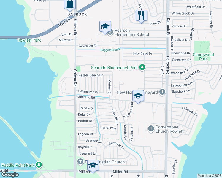 map of restaurants, bars, coffee shops, grocery stores, and more near 4510 Mariner Drive in Rowlett
