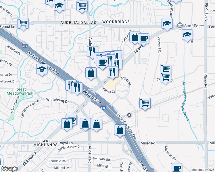 map of restaurants, bars, coffee shops, grocery stores, and more near 9801 Adleta Court in Dallas