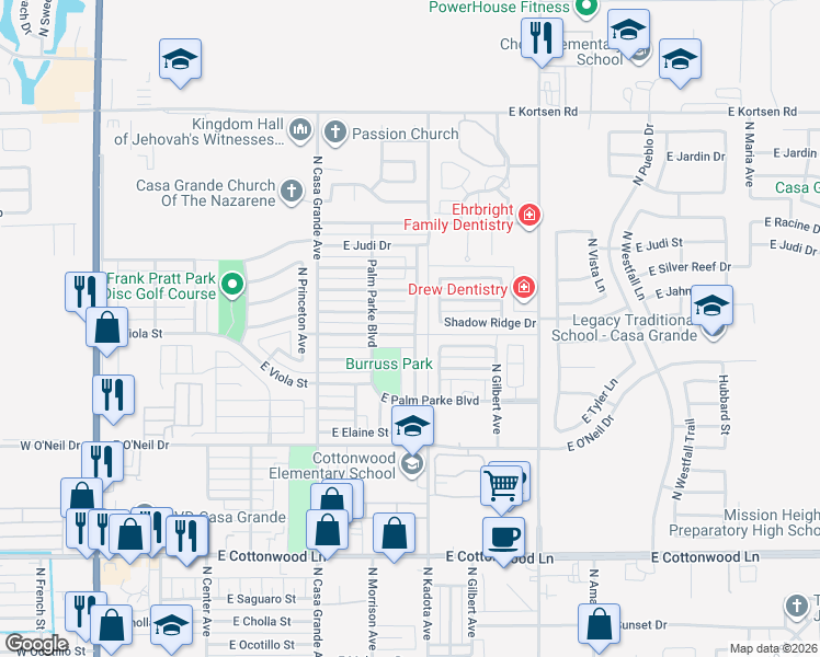 map of restaurants, bars, coffee shops, grocery stores, and more near 617 East Vekol Road in Casa Grande