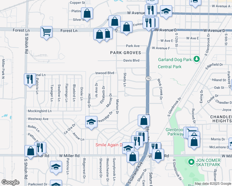 map of restaurants, bars, coffee shops, grocery stores, and more near 1305 Marion Drive in Garland