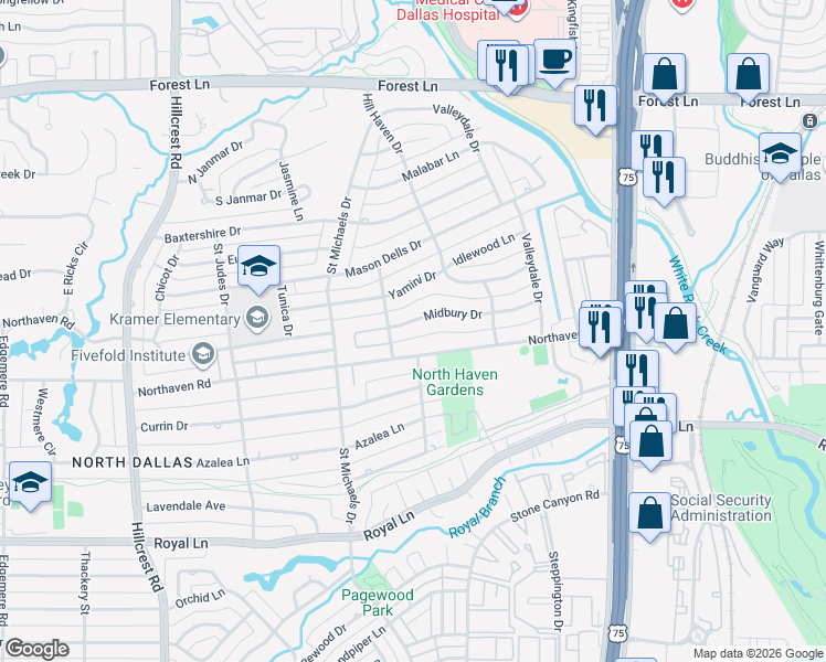 map of restaurants, bars, coffee shops, grocery stores, and more near 7523 Northaven Road in Dallas