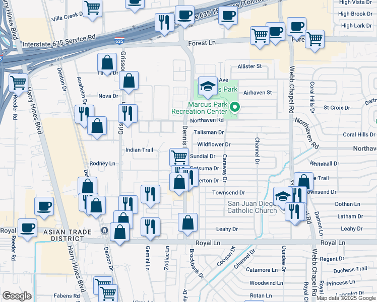 map of restaurants, bars, coffee shops, grocery stores, and more near 2920 Sundial Drive in Dallas