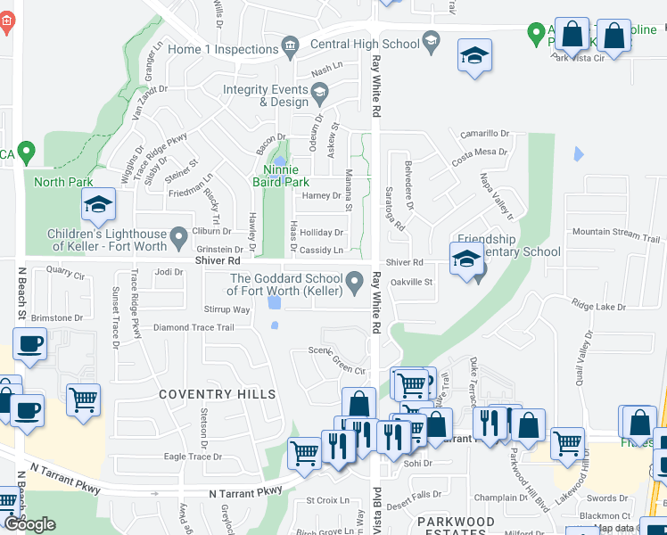 map of restaurants, bars, coffee shops, grocery stores, and more near 5121 Raymond Drive in Fort Worth
