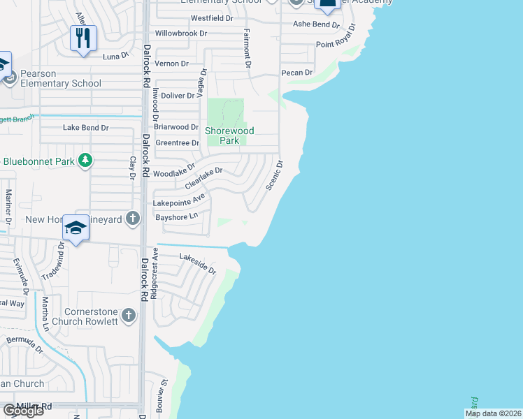 map of restaurants, bars, coffee shops, grocery stores, and more near 4402 Scenic Drive in Rowlett