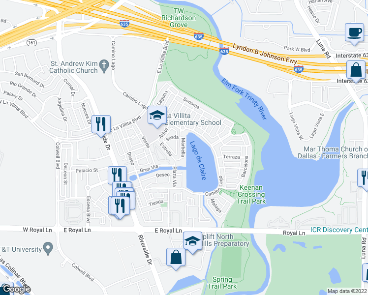 map of restaurants, bars, coffee shops, grocery stores, and more near 6714 Plaza Via in Irving