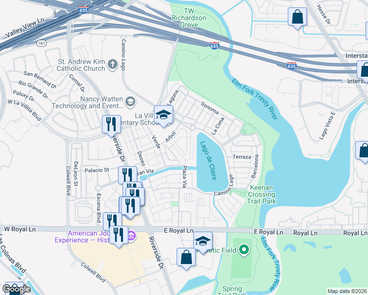 map of restaurants, bars, coffee shops, grocery stores, and more near 6714 Plaza Via in Irving