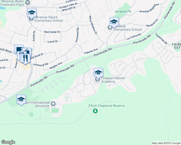 map of restaurants, bars, coffee shops, grocery stores, and more near Chabad Center Drwy in San Diego