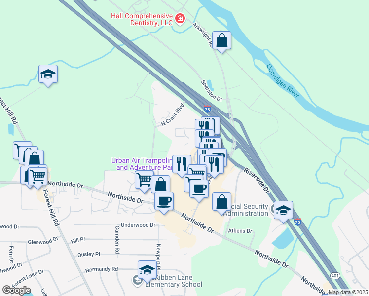 map of restaurants, bars, coffee shops, grocery stores, and more near 111 Riverside Parkway in Macon