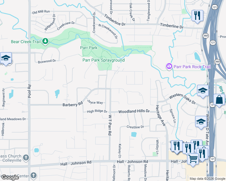 map of restaurants, bars, coffee shops, grocery stores, and more near 3412 W T Parr Road in Grapevine