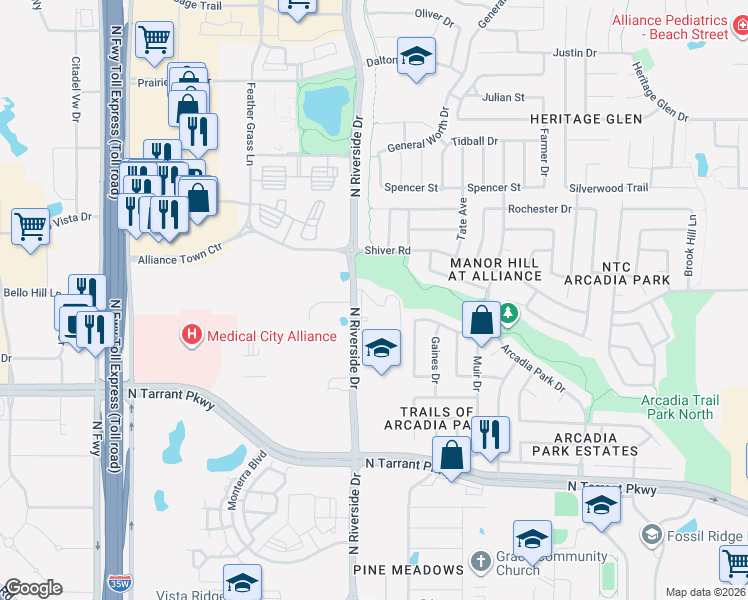 map of restaurants, bars, coffee shops, grocery stores, and more near 3601 Vienne Place in Fort Worth