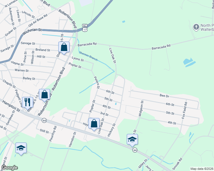 map of restaurants, bars, coffee shops, grocery stores, and more near 219 6th Street in Walterboro