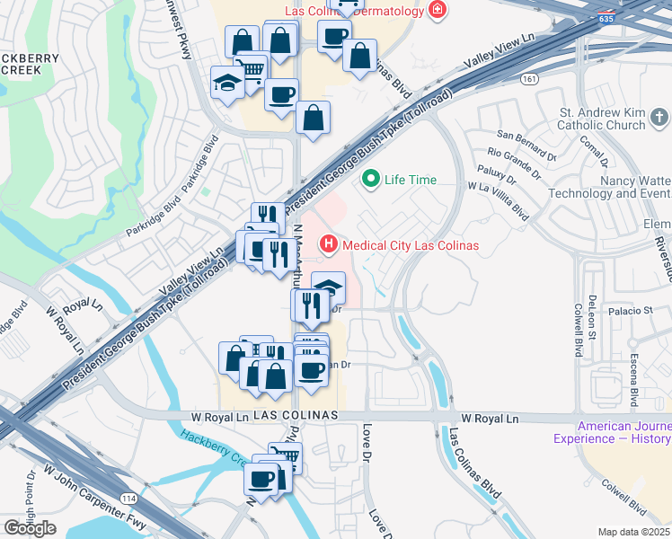map of restaurants, bars, coffee shops, grocery stores, and more near 6750 North MacArthur Boulevard in Irving