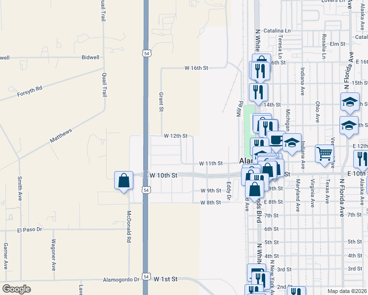 map of restaurants, bars, coffee shops, grocery stores, and more near Palm St in Alamogordo