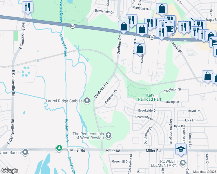 map of restaurants, bars, coffee shops, grocery stores, and more near 4518 Dexham Road in Rowlett
