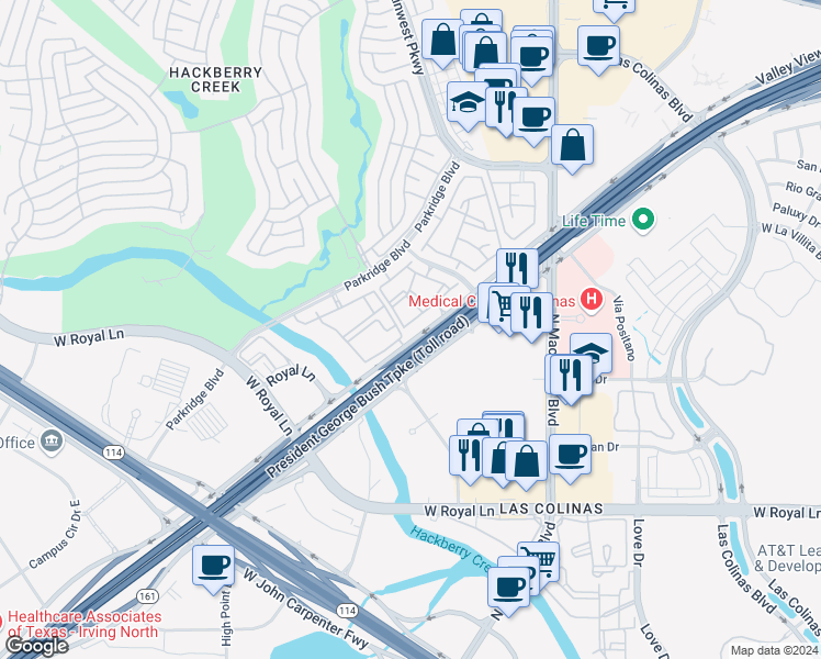 map of restaurants, bars, coffee shops, grocery stores, and more near 6901 Highway 161 in Irving