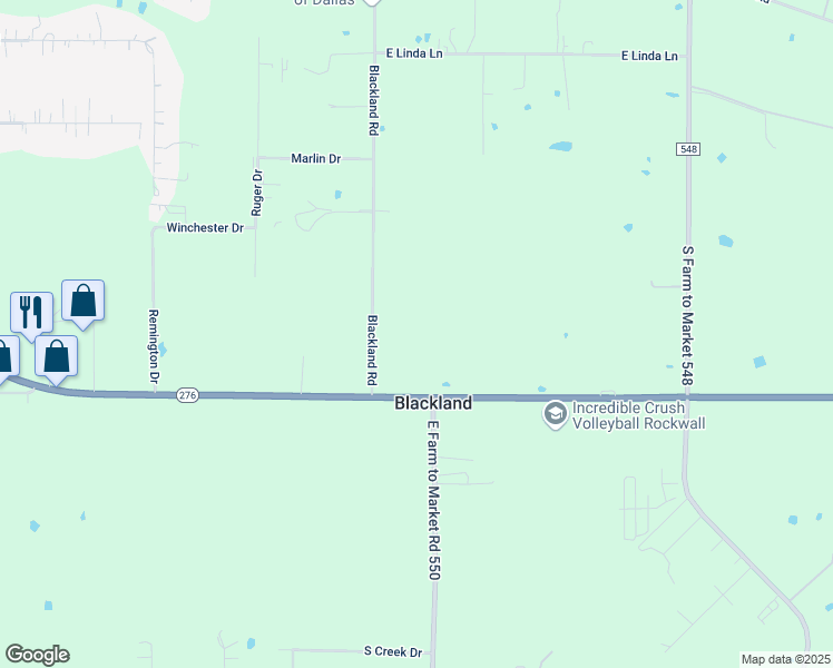 map of restaurants, bars, coffee shops, grocery stores, and more near 3517 Blackland Road in Royse City