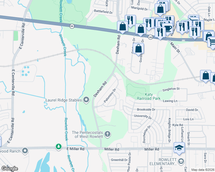 map of restaurants, bars, coffee shops, grocery stores, and more near 4518 Dexham Road in Rowlett