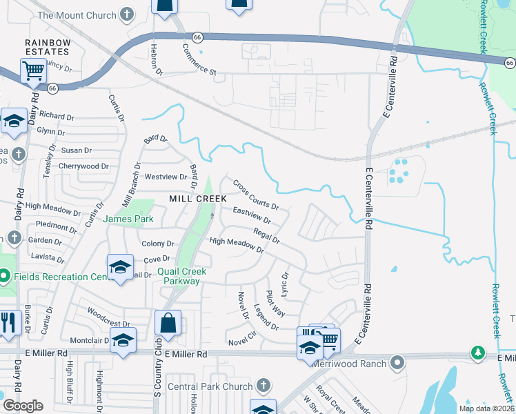 map of restaurants, bars, coffee shops, grocery stores, and more near 1441 Cross Courts Drive in Garland
