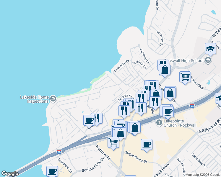 map of restaurants, bars, coffee shops, grocery stores, and more near 3003 Harbor Drive in Rockwall