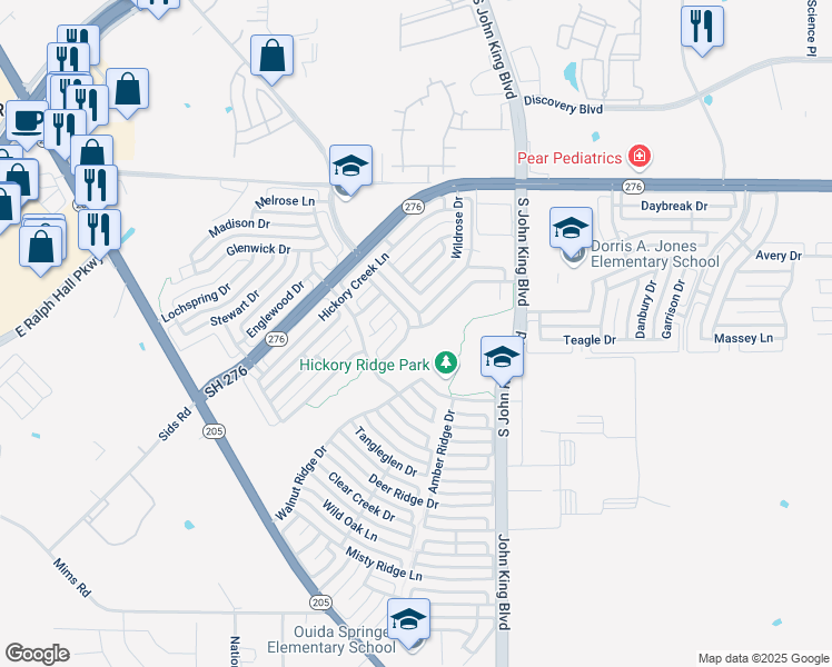 map of restaurants, bars, coffee shops, grocery stores, and more near 1707 Cliffbrook Drive in Rockwall