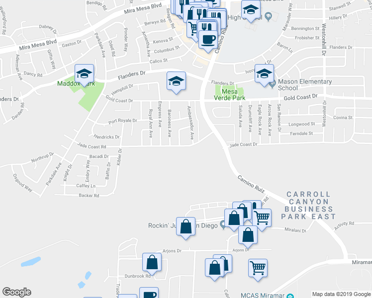 map of restaurants, bars, coffee shops, grocery stores, and more near 8181 Jade Coast Road in San Diego