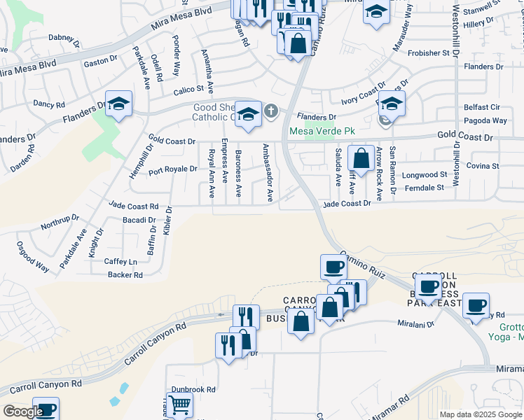 map of restaurants, bars, coffee shops, grocery stores, and more near 8181 Jade Coast Road in San Diego