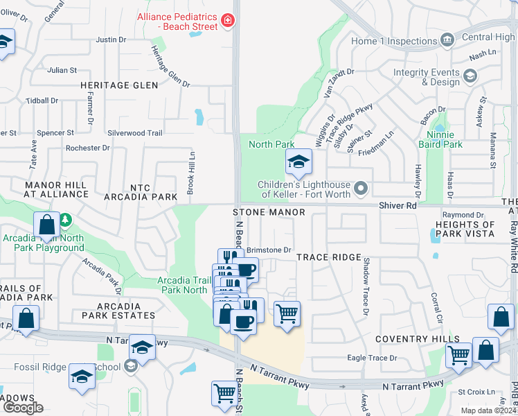 map of restaurants, bars, coffee shops, grocery stores, and more near 4521 Quarry Circle in Fort Worth