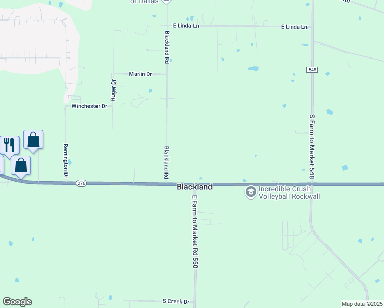 map of restaurants, bars, coffee shops, grocery stores, and more near 3517 Blackland Road in Royse City