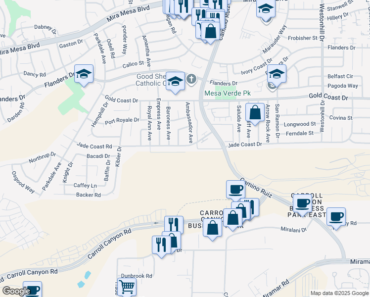 map of restaurants, bars, coffee shops, grocery stores, and more near 8181 Jade Coast Road in San Diego