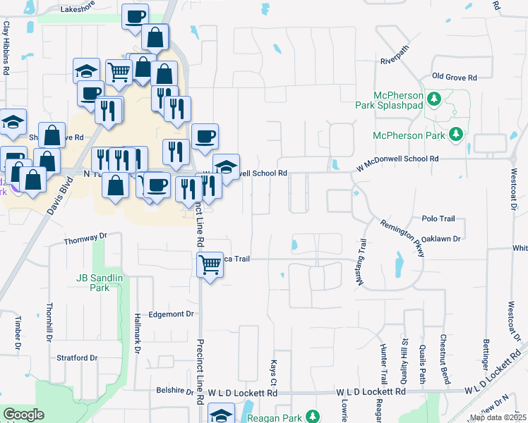 map of restaurants, bars, coffee shops, grocery stores, and more near 6420 Talbot Trail in Colleyville