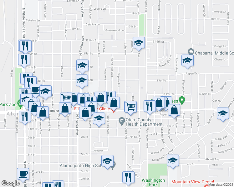 map of restaurants, bars, coffee shops, grocery stores, and more near 1198 Filipino Avenue in Alamogordo