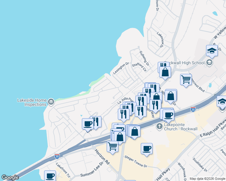 map of restaurants, bars, coffee shops, grocery stores, and more near 3003 Harbor Drive in Rockwall