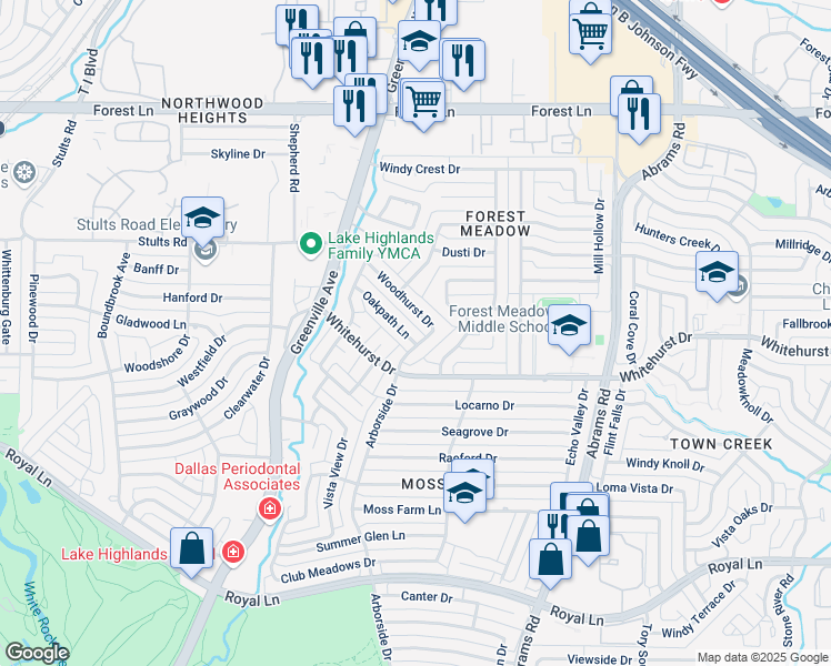 map of restaurants, bars, coffee shops, grocery stores, and more near 9055 Oakpath Lane in Dallas