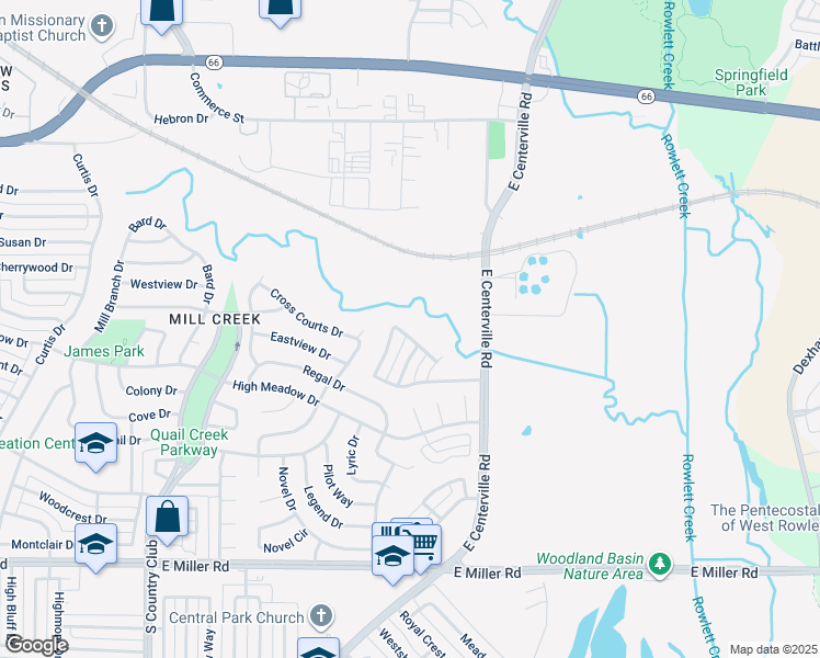 map of restaurants, bars, coffee shops, grocery stores, and more near 1821 Cartman Road in Garland