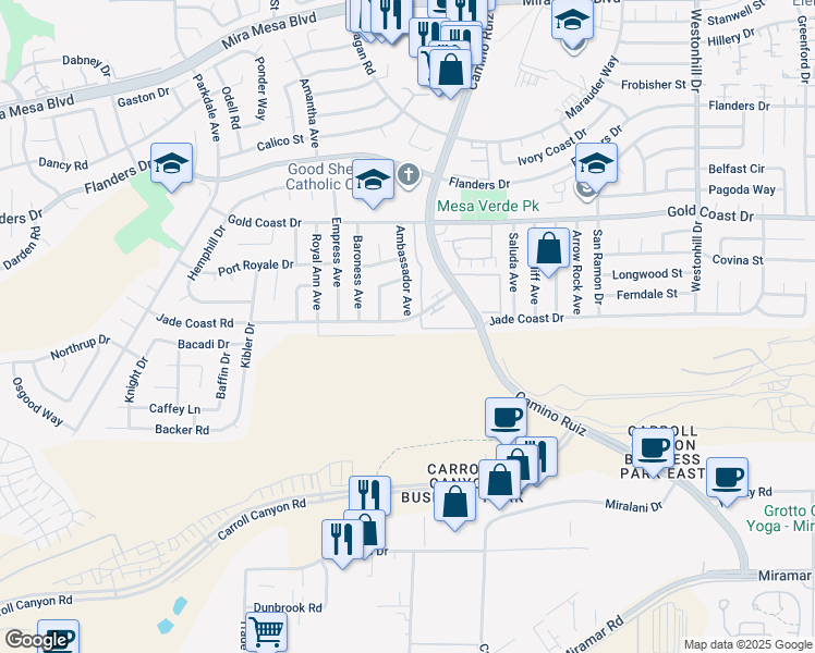map of restaurants, bars, coffee shops, grocery stores, and more near 10164 Ambassador Avenue in San Diego
