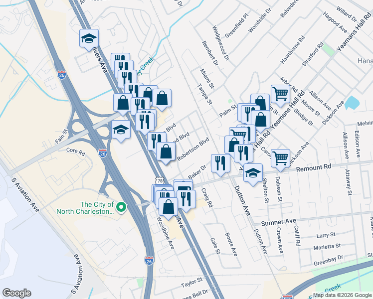 map of restaurants, bars, coffee shops, grocery stores, and more near 5838 Longleaf Avenue in North Charleston