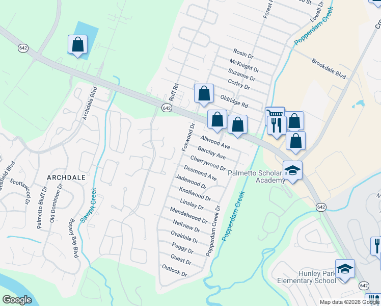 map of restaurants, bars, coffee shops, grocery stores, and more near 4752 Foxwood Drive in North Charleston