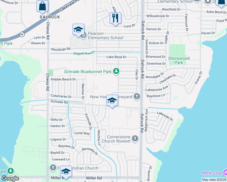 map of restaurants, bars, coffee shops, grocery stores, and more near 4601 Sunny Brook Drive in Rowlett