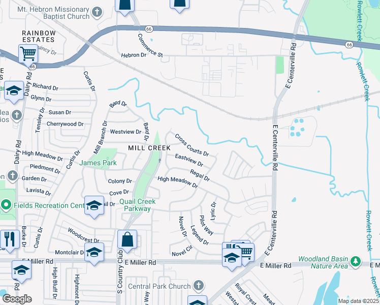map of restaurants, bars, coffee shops, grocery stores, and more near 1441 Cross Courts Drive in Garland
