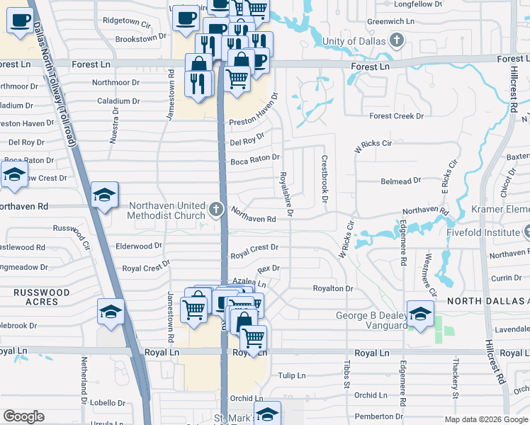 map of restaurants, bars, coffee shops, grocery stores, and more near 6154 Yorkshire Drive in Dallas