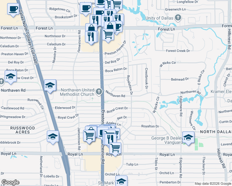 map of restaurants, bars, coffee shops, grocery stores, and more near 6119 Yorkshire Drive in Dallas