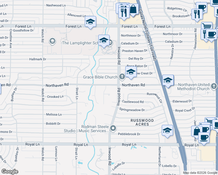 map of restaurants, bars, coffee shops, grocery stores, and more near 5059 Northaven Road in Dallas