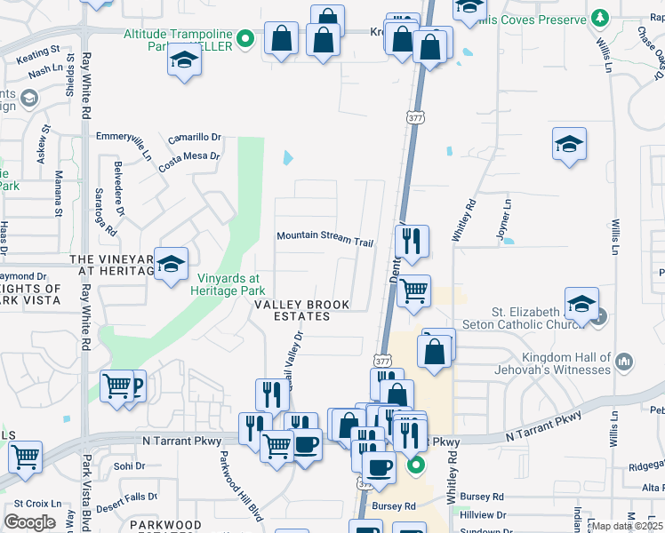 map of restaurants, bars, coffee shops, grocery stores, and more near 8907 Valley River Drive in Fort Worth