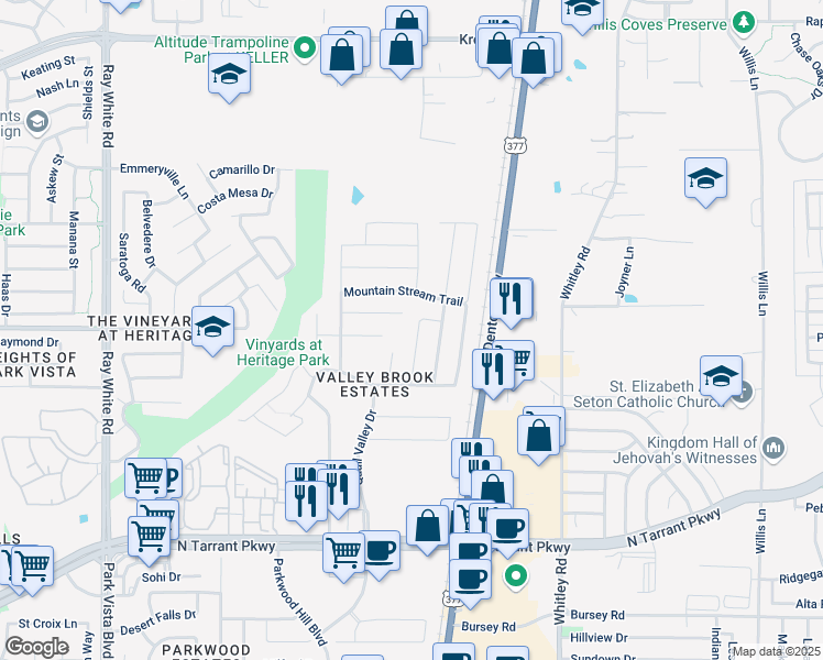 map of restaurants, bars, coffee shops, grocery stores, and more near 8907 Valley River Drive in Fort Worth