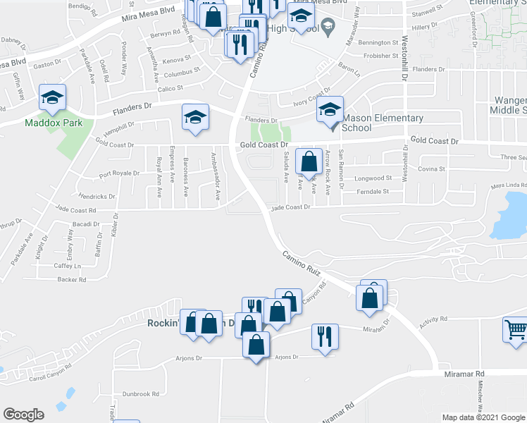 map of restaurants, bars, coffee shops, grocery stores, and more near Camino Ruiz & Jade Coast Dr in San Diego