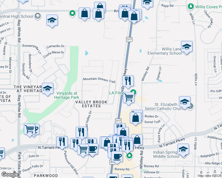 map of restaurants, bars, coffee shops, grocery stores, and more near 8940 Sun Haven Way in Fort Worth