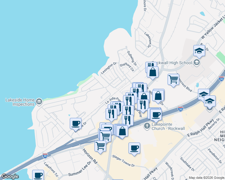 map of restaurants, bars, coffee shops, grocery stores, and more near 657 Channel Ridge Drive in Rockwall